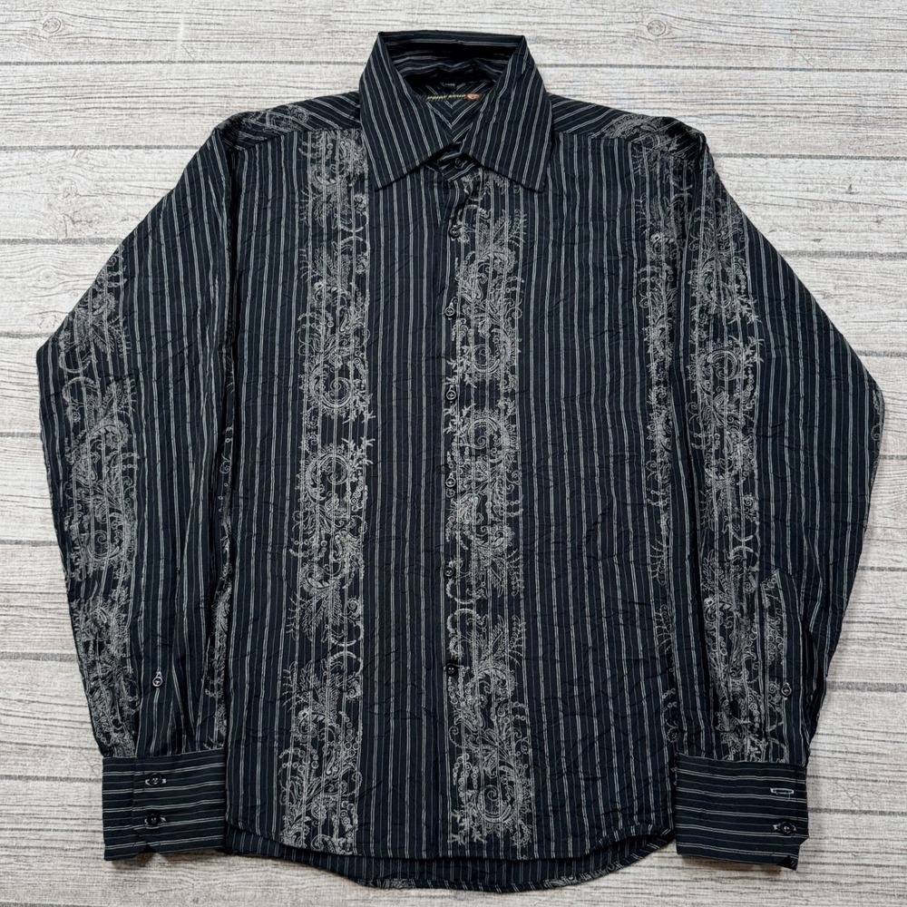 Y2K Point Zero Shirt Mens Medium Black Striped Filigree Scroll Print Button Down